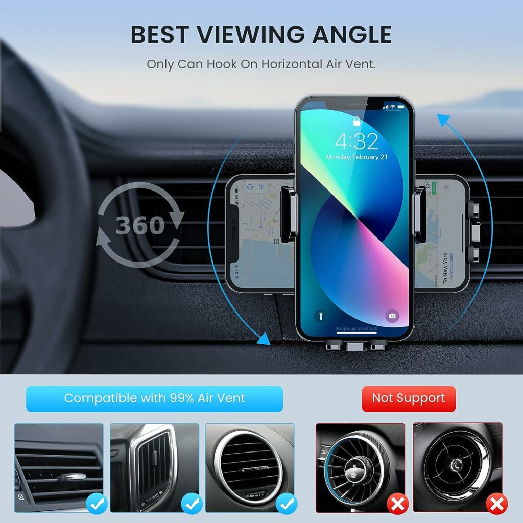 CINDRO Mobile Phone Holder Car, [Upgrade Military Class Hook Clip] Mobile Phone Holder 360° Rotatable Ventilation Car Mobile Phone Holder One Button Release Car Holder Mobile Phone for iPhone Android