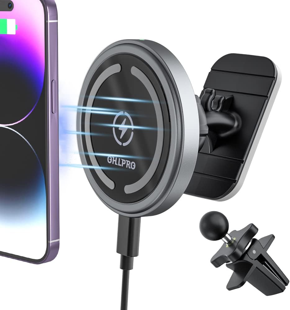 OHLPRO Compatible with MagSafe Car Holder Charger, Mobile Phone Holder Car with Charging Function for iPhone 14/14 Pro/14 Pro Max/13/12 Series, Magnetic Car Mobile Phone Holder Wireless Charging Station Car Mount