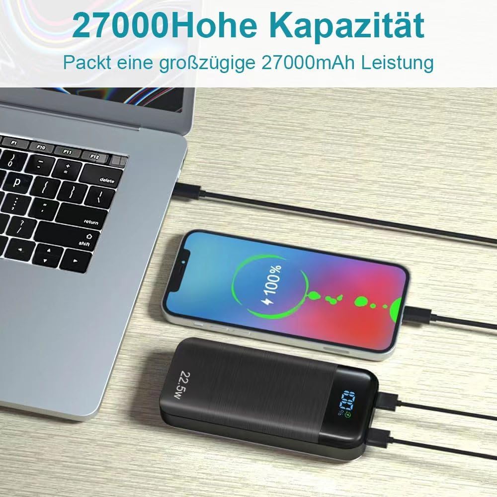 Powerbank 27000 mAh PD3.0 QC4.0 Fast Charging External Mobile Phone Battery Power Bank USB C LCD Display 3 Outputs 2 Inputs Portable Charger with Smartphone, Tablets and More