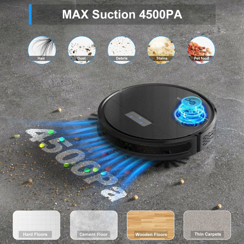 Tikom G8000 Pro Robot Vacuum Cleaner with Wiping Function, 2-in-1, Vacuum Cleaner Robot, 4500Pa Strong Suction Power Robot Vacuum Cleaner, Self-Charging, WiFi, 150 Mins Max, Ideal for Pet Hair,