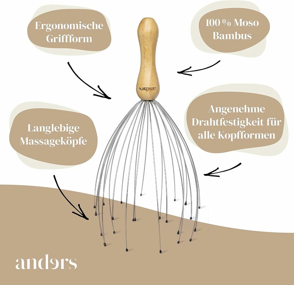 Anders® - Premium head massage spider (24 fingers) bamboo handle - comfortable head massager with sustainable gift packaging