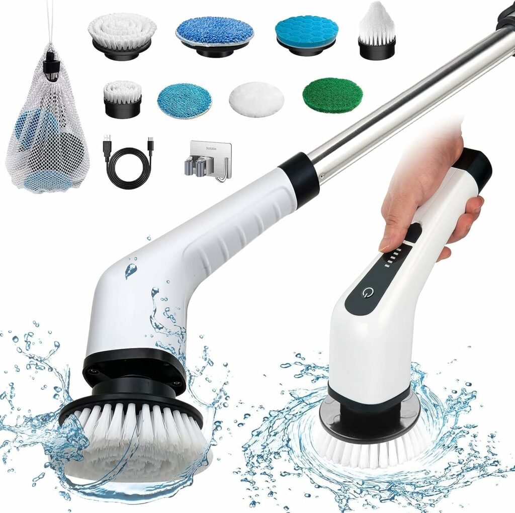 Electric Cleaning Brush, Electric Spin Scrubber Cordless with 8 Interchangeable Drill Brush Heads, Shower Cleaning Brush with Adjustable Handle for Bathroom, Tile Floor and Car