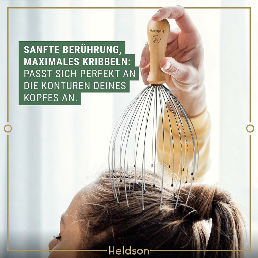 HELDSON® Head Massage Spider [28 Fingers] Including Reflexology Card, Instructions in German and High-Quality Wooden Handle - Head Massager Gift