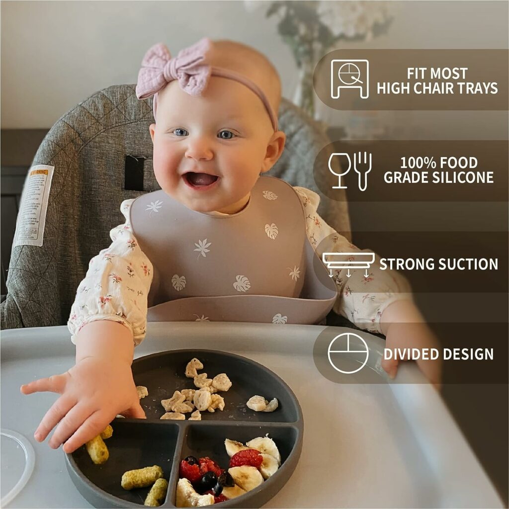 Moonkie 2 x Silicone Childrens Plates, Baby Plate with Suction Cup, BPA-Free Non-Slip Split Silicone Baby Plates with Lid, Microwave and Dishwasher Safe (Ether/Sage)