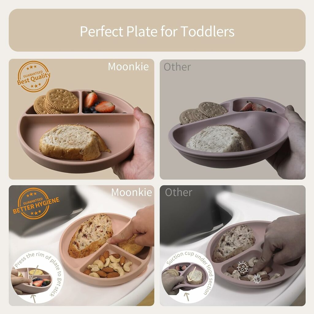 Moonkie 2 x Silicone Childrens Plates, Baby Plate with Suction Cup, BPA-Free Non-Slip Split Silicone Baby Plates with Lid, Microwave and Dishwasher Safe (Ether/Sage)