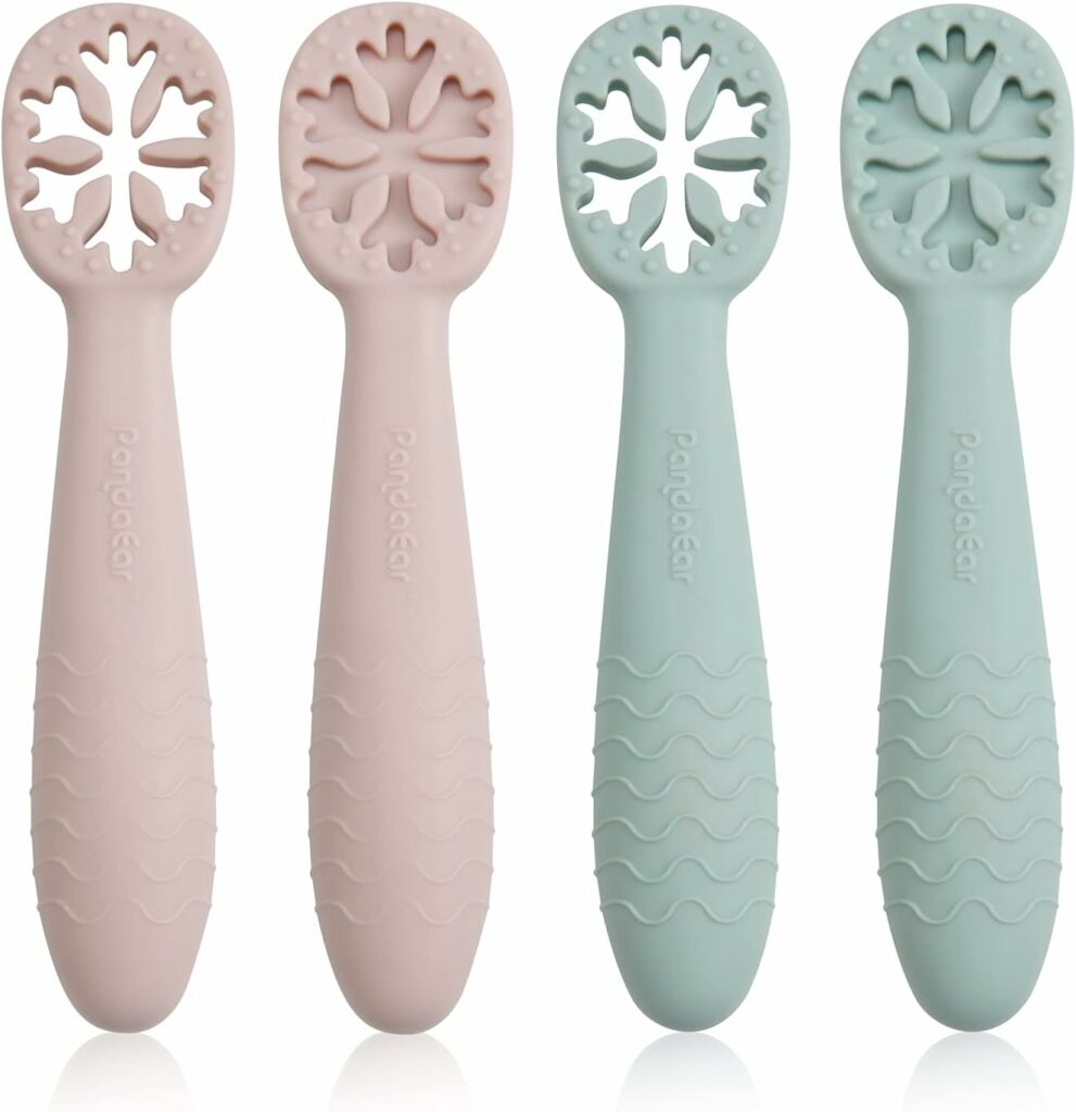 PandaEar Set of 4 Learning Spoons for Baby, Starter Porridge Spoon, Feeding Spoon, Baby Spoon, Silicone Learning Spoon, Soft Flexible Childrens Cutlery, BPA-Free for Infants, Children, Toddlers, from 4