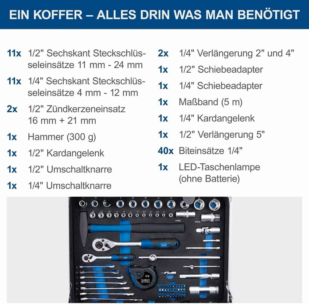 Scheppach TB200 Aluminium Tool Box Filled 141-Piece Tool Set | Workshop Case Equipped with Wrench, Hammer, Pliers, Screwdriver, Tool Box for Workshop and Household