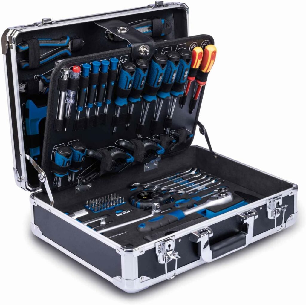 Scheppach TB200 Aluminium Tool Box Filled 141-Piece Tool Set | Workshop Case Equipped with Wrench, Hammer, Pliers, Screwdriver, Tool Box for Workshop and Household