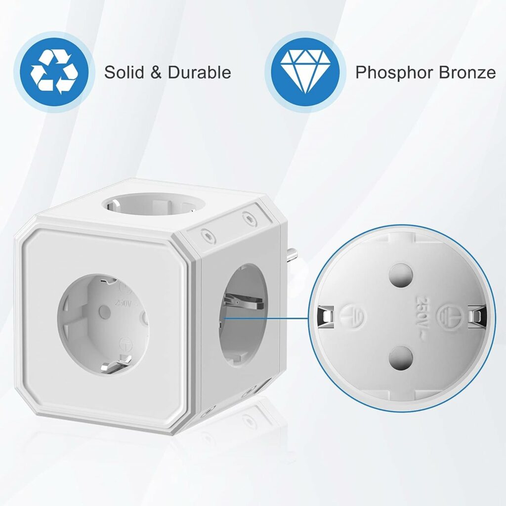 Socket Cube, Multi Socket Without Wire, 5 in 1 Socket Adapter with Switch, Power Cube with 5 AC Sockets, Double Plug for Socket, Multiple Plug for Office, Home and Travel, White