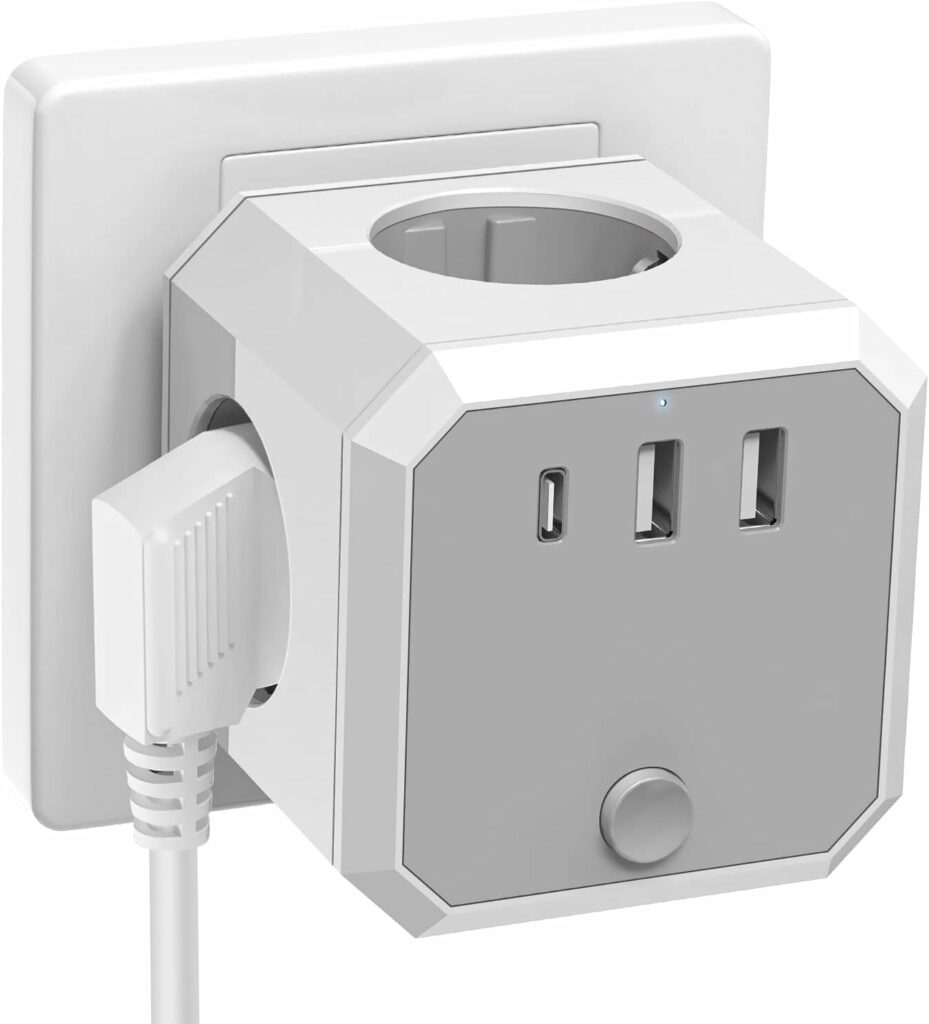 Socket Cube with USB, 4-Way Multiple Socket without Cable (4000 W/16 A) with 3 USB (5 V/3.4 A), 4 Sockets with Switch for Office, Home or Travel, Grey