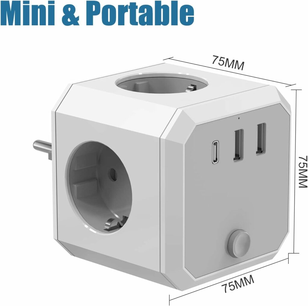 Socket Cube with USB, 4-Way Multiple Socket without Cable (4000 W/16 A) with 3 USB (5 V/3.4 A), 4 Sockets with Switch for Office, Home or Travel, Grey